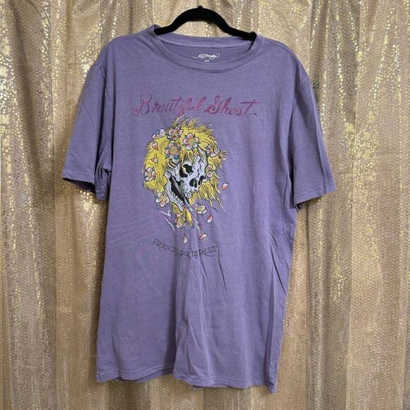 Vintage 2000s Ed Hardy Purple Beautiful Ghost T Shirt Small Medium - Picture 1 of 5